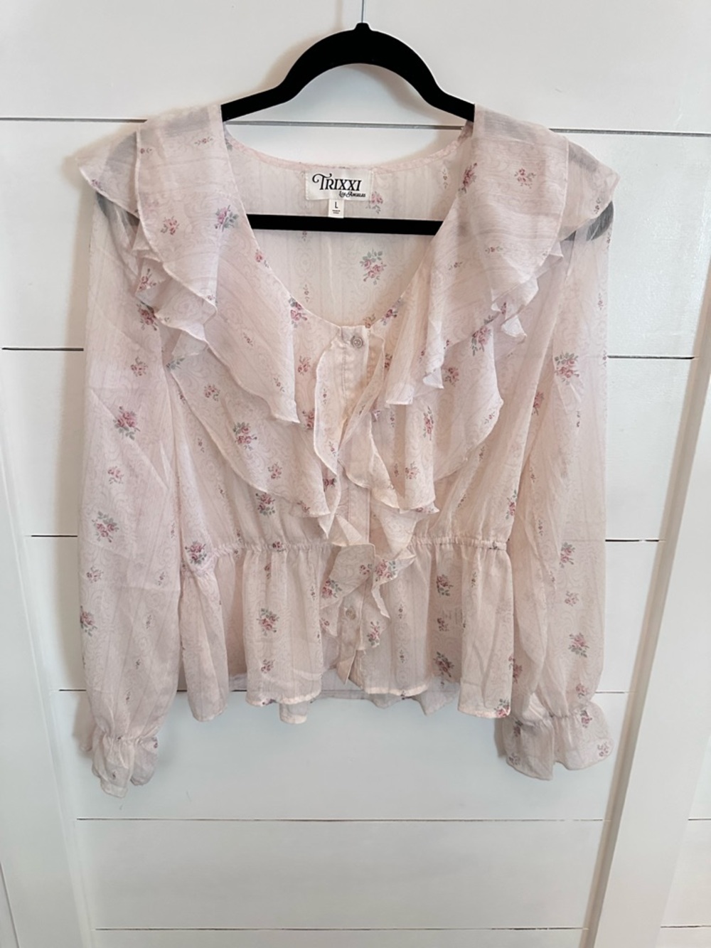TRIXXI L Greta Pale Pink ditzy floral ruffled chest & sleeve sheer button blouse - Picture 2 of 14